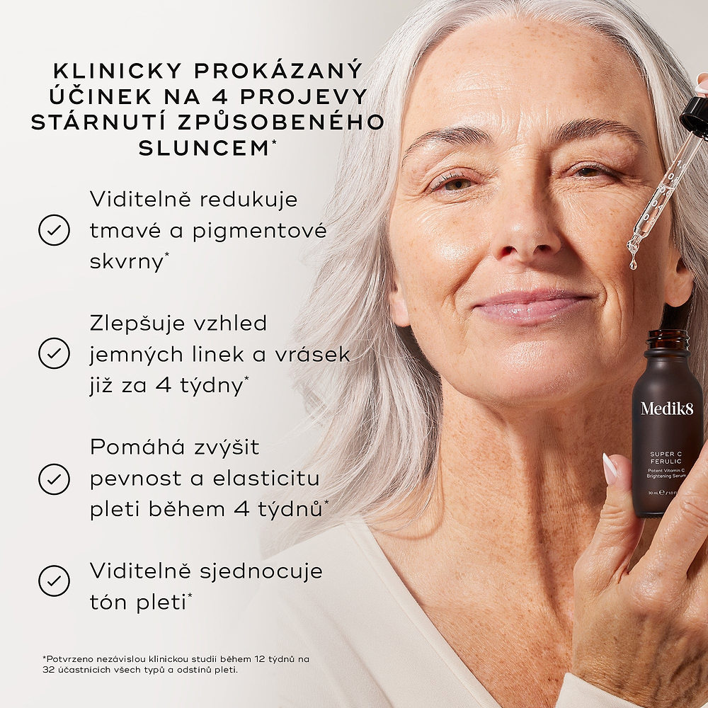 Medik8 Super C Ferulic – klinicky prokázaný účinek na 4 projevy stárnutí pleti způsobeného sluncem.