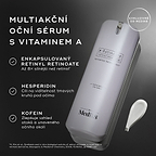 Bílá pumpičková lahvička r-Retinoate Day & Night Eye Serum je zobrazena spolu s textovými popisky zvýrazňujícími klíčové složky:
Zapouzdřený retinyl retinoát (Encapsulated Retinyl Retinoate)
Hesperidin
Kofein (Caffeine)
Poznámka pod čarou uvádí citaci pro tvrzení o retinolu.