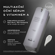 Bílá pumpičková lahvička r-Retinoate Day & Night Eye Serum je zobrazena spolu s textovými popisky zvýrazňujícími klíčové složky:
Zapouzdřený retinyl retinoát (Encapsulated Retinyl Retinoate)
Hesperidin
Kofein (Caffeine)
Poznámka pod čarou uvádí citaci pro tvrzení o retinolu.