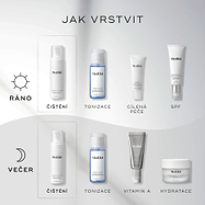 Průvodce „Jak vrstvit“ ukazuje Medik8 Clarifying Foam jako první krok pro ranní (AM) i večerní (PM) rutinu.
Ranní rutina (AM) pokračuje
Press & Clear (Tónování)
Clarity Peptides (Cílená péče)
Advanced Day Ultimate Protect (Ochrana proti slunci) Večerní rutina (PM) pokračuje:
Press & Clear (Tónování)
Crystal Retinal (Vitamín A)
Advanced Night Restore (Hydratace)