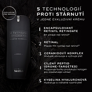 Lahvička krému Medik8 r-Retinoate Intense je zobrazena na tmavém, jemně rozostřeném pozadí. Text zvýrazňuje 5 anti-age technologií:
Zapouzdřený retinyl retinoát (Encapsulated Retinyl Retinoate)
Retinal
Ceramidový komplex (Ceramide Complex)
Dronově cílený peptid (Drone-Targeted Peptide)
Kyselina hyaluronová (Hyaluronic Acid)