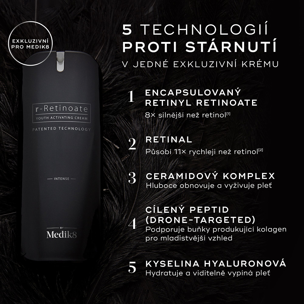 Lahvička krému Medik8 r-Retinoate Intense je zobrazena na tmavém, jemně rozostřeném pozadí. Text zvýrazňuje 5 anti-age technologií:
Zapouzdřený retinyl retinoát (Encapsulated Retinyl Retinoate)
Retinal
Ceramidový komplex (Ceramide Complex)
Dronově cílený peptid (Drone-Targeted Peptide)
Kyselina hyaluronová (Hyaluronic Acid)