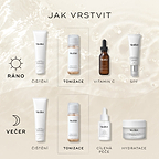 Infografika s názvem „JAK VRSTVIT PÉČI“ zobrazuje rutinu péče o pleť Medik8 pro ráno a večer na neutrálním pozadí s texturou vody. Ikony slunce a měsíce označují dobu použití. Lahvička Medik8 Press & Glow je zvýrazněna přerušovanými rámečky v kroku „TONIZACE“ u obou rutin. Další kroky zahrnují „ČIŠTĚNÍ“, „VITAMIN C“, „OPALOVACÍ OCHRANU“, „CÍLENOU PÉČI“ a „HYDRATACI“.