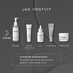 Tmavá, minimalistická noční grafika „JAK VRSTVIT“ s ikonou měsíce a rutinou PM. Produkty Medik8 jsou zobrazeny v pořadí s textem pod každým z nich:

„Čištění“ (Lipid-Balance Cleansing Oil)
„Přímá kyselina“ (Sleep Glycolic)
„Cílená péče“ (Liquid Peptides)
„Vitamín A“ (Crystal Retinal)
„Hydratace“ (Advanced Night Restore)

Přerušovaný rámeček zvýrazňuje krok „Přímá kyselina“.

Pod tím je uvedený popisek: „Odborná rada: v jedné rutině používejte pouze jednu přímou kyselinu.