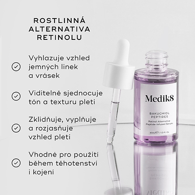 Fialová skleněná lahvička séra Bakuchiol Peptides je zobrazena s kapátkem.
Vlevo je uveden text, který zdůrazňuje, že jde o:
„Rostlinnou alternativu retinolu“
Mezi benefity patří:
vyhlazení jemných linek a vrásek
viditelné sjednocení tónu a textury pleti
zklidnění, vypnutí a rozjasnění vzhledu pleti
vhodné pro použití během těhotenství a kojení