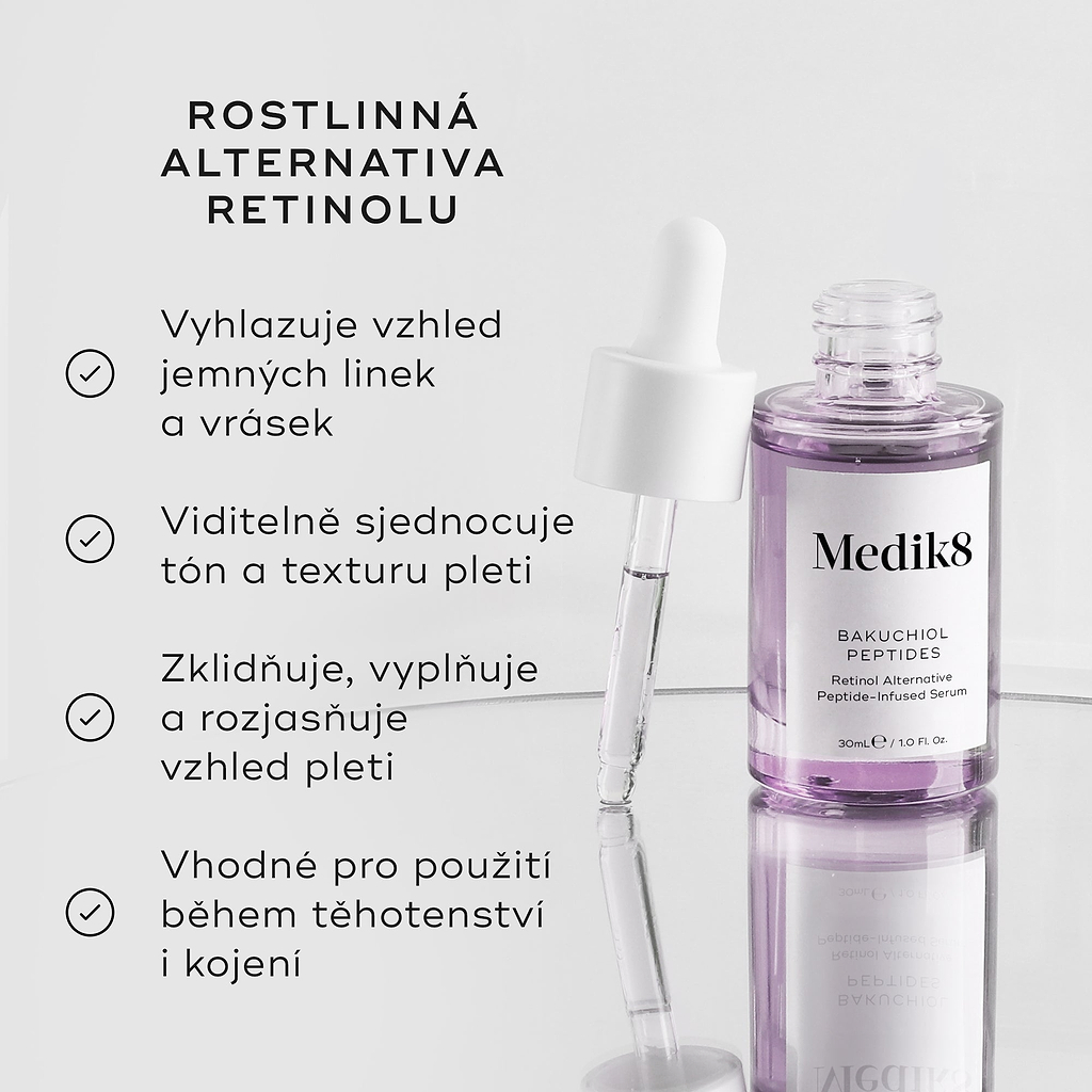 Fialová skleněná lahvička séra Bakuchiol Peptides je zobrazena s kapátkem.
Vlevo je uveden text, který zdůrazňuje, že jde o:
„Rostlinnou alternativu retinolu“
Mezi benefity patří:
vyhlazení jemných linek a vrásek
viditelné sjednocení tónu a textury pleti
zklidnění, vypnutí a rozjasnění vzhledu pleti
vhodné pro použití během těhotenství a kojení