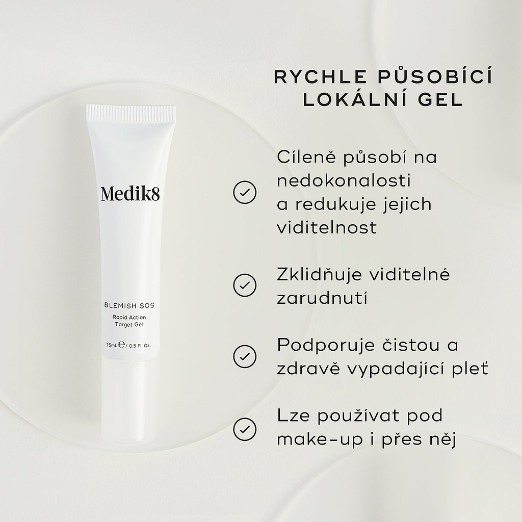 Bílá tuba Blemish SOS Rapid Action Target Gel je zobrazena. Text ji označuje jako rychle působící léčebný gel (RAPID ACTION TREATMENT GEL).
Čtyři odrážky s fajfkami uvádějí benefity:
Zaměřuje se na viditelné nedokonalosti a redukuje jejich vzhled
Uklidňuje viditelné zarudnutí
Podporuje čistou a zdravě vypadající pleť
Lze použít pod make-up nebo přes make-up