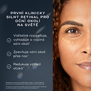Na obrázku je ženská tvář s malými tečkami přípravku Crystal Retinal Ceramide Eye nanesenými pod jedním okem. Text zdůrazňuje: „PRVNÍ RETINÁLNÍ PŘÍPRAVEK NA SVĚTĚ S KLINICKOU ÚČINNOSTÍ PRO OBLAST POD OČIMA“. Tři odrážky s zaškrtnutím uvádějí výhody: Viditelně rozjasňuje, vyhlazuje a zpevňuje oblast kolem očí, přes noc vyplňuje oblast kolem očí a zmírňuje vzhled otoků. 