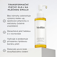 Lahvička Lipid-Balance Cleansing Oil stojí na bílém podstavci. Text uvádí benefity, včetně odstranění silného make-upu, podpory lipidové bariéry a fungování jako transformační olej-v-mléko čisticí přípravek.