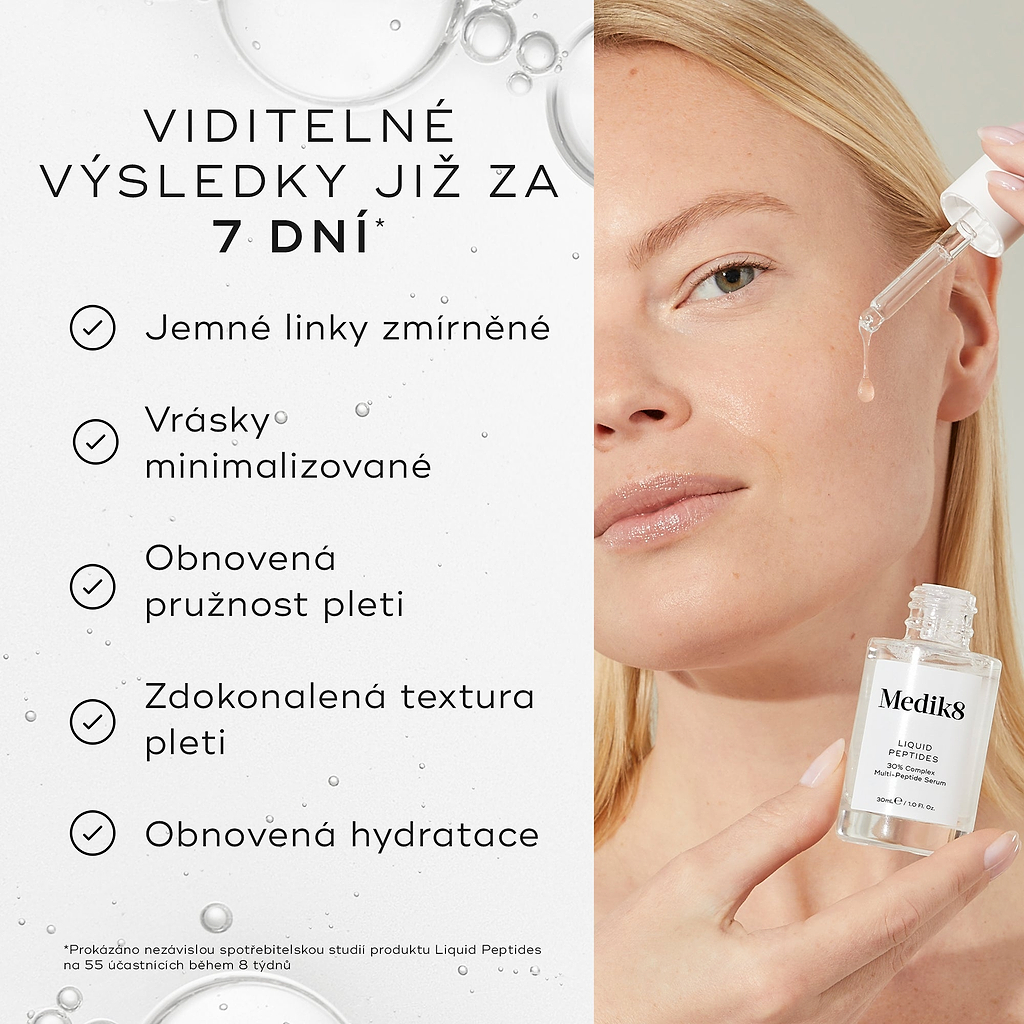 Žena si pomocí kapátka aplikuje sérum Liquid Peptides na obličej.
Vlevo je uveden text:
„VIDITELNÉ VÝSLEDKY JIŽ ZA 7 DNÍ“*
Mezi uvedené benefity patří:
vyhlazené vrásky
mladistvěji vypadající pleť
zlepšená pevnost pleti
zvýšená plnost pleti
obnovená hydratace
*Poznámka pod čarou uvádí, že tato tvrzení byla potvrzena nezávislou spotřebitelskou studií.