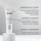 Tuba Advanced Day Eye Protect stojí na bílém podstavci. Text zvýrazňuje:
Advanced UV filtry pro ochranu SPF 30
Moringa extrakt pro ochranu před environmentálními stresory
Kofein a hesperidin pro redukci tmavých kruhů a otoků