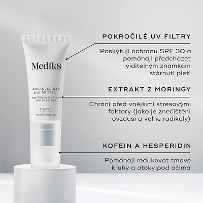 Tuba Advanced Day Eye Protect stojí na bílém podstavci. Text zvýrazňuje:
Advanced UV filtry pro ochranu SPF 30
Moringa extrakt pro ochranu před environmentálními stresory
Kofein a hesperidin pro redukci tmavých kruhů a otoků
