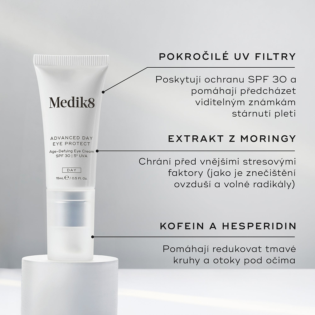 Tuba Advanced Day Eye Protect stojí na bílém podstavci. Text zvýrazňuje:
Advanced UV filtry pro ochranu SPF 30
Moringa extrakt pro ochranu před environmentálními stresory
Kofein a hesperidin pro redukci tmavých kruhů a otoků