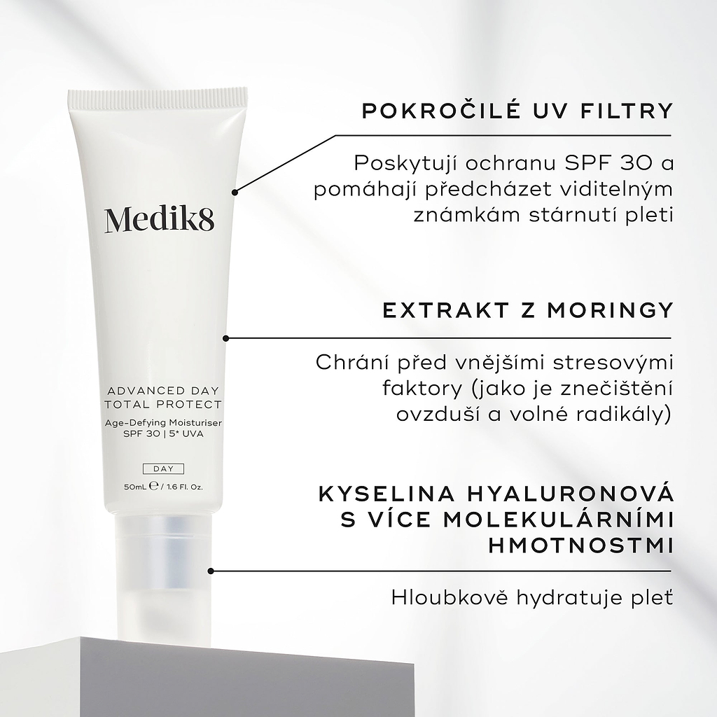 Advanced Day Total Protect je zobrazen. Textové popisky ukazují jeho klíčové složky:Advanced UV filtry (ochrana SPF 30)
Moringa extrakt (chrání před environmentálními stresory)
Vícehmotnostní kyselina hyaluronová (hloubkově hydratuje pleť)