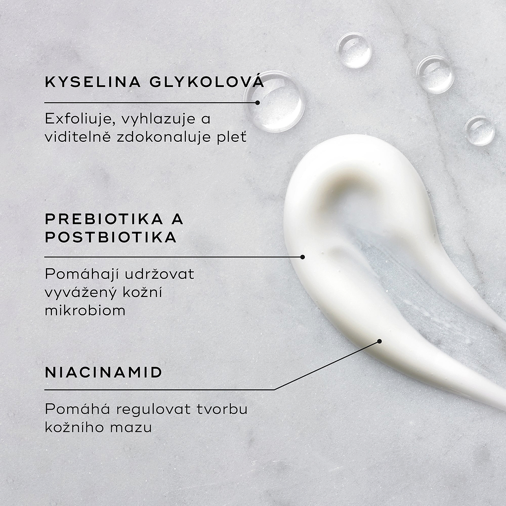 Vzorek Balance Moisturiser je zobrazen na texturovaném povrchu spolu s kapkami Glycolic Acid Activator. Textové popisky zvýrazňují klíčové složky:
Kyselina glykolová exfoliuje, vyhlazuje a viditelně zdokonaluje pleť
Prebiotika a postbiotika pomáhají udržovat vyvážený kožní mikrobiom
Niacinamid pomáhá regulovat tvorbu kožního mazu