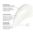 Vzorek Blemish SOS je zobrazen na bílém povrchu, vedle něj je malá kapka produktu. Textové popisky zvýrazňují klíčové složky:
Kyselina salicylová (2%) – pomáhá rozkládat usazeniny způsobující nedokonalosti
Niacinamid – snižuje viditelné zarudnutí a pomáhá regulovat tvorbu mazu
Kyselina azelaová – pomáhá cílit na bakterie způsobující nedokonalosti