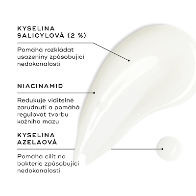 Vzorek Blemish SOS je zobrazen na bílém povrchu, vedle něj je malá kapka produktu. Textové popisky zvýrazňují klíčové složky:
Kyselina salicylová (2%) – pomáhá rozkládat usazeniny způsobující nedokonalosti
Niacinamid – snižuje viditelné zarudnutí a pomáhá regulovat tvorbu mazu
Kyselina azelaová – pomáhá cílit na bakterie způsobující nedokonalosti