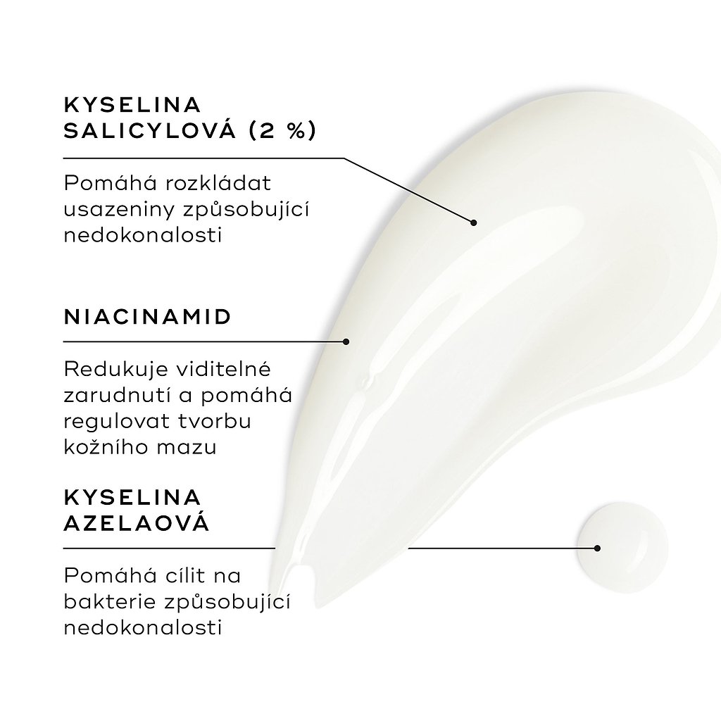 Vzorek Blemish SOS je zobrazen na bílém povrchu, vedle něj je malá kapka produktu. Textové popisky zvýrazňují klíčové složky:
Kyselina salicylová (2%) – pomáhá rozkládat usazeniny způsobující nedokonalosti
Niacinamid – snižuje viditelné zarudnutí a pomáhá regulovat tvorbu mazu
Kyselina azelaová – pomáhá cílit na bakterie způsobující nedokonalosti