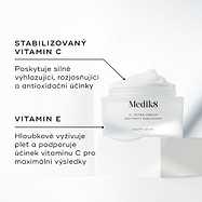 Otevřená dóza Medik8 C-Tetra Cream je zobrazena na bílém kamenném podstavci na čistém bílém pozadí.

Obrázek uvádí dvě klíčové složky a jejich benefity:

STABILIZOVANÝ VITAMÍN C: poskytuje silné vyhlazující, rozjasňující a antioxidační účinky.

VITAMÍN E: intenzivně vyživuje pleť a zesiluje účinky vitamínu C pro maximální výsledky.