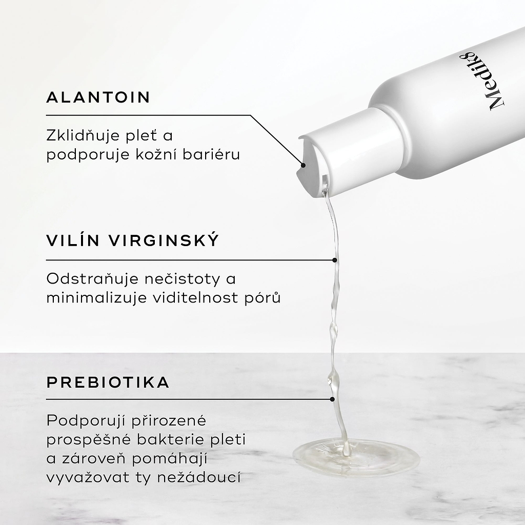 Z lahvičky Daily Refresh Balancing Toner se nalévá tekutina.

Text zvýrazňuje klíčové složky:

Allantoin pro zklidnění pleti
Vilín (Witch Hazel) pro zjemnění pórů
Prebiotika pro rovnováhu kožního mikrobiomu