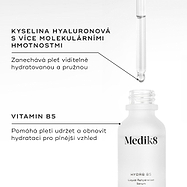 Detailní záběr na lahvičku séra Medik8 Hydr8 B5 a kapátko s čirou tekutinou.

Text zvýrazňuje klíčové složky:

Vícehmotnostní kyselina hyaluronová – zanechává pleť viditelně hydratovanou a pružnou
Vitamín B5 – pomáhá pokožce udržet a regenerovat vlhkost pro plnější vzhled pleti