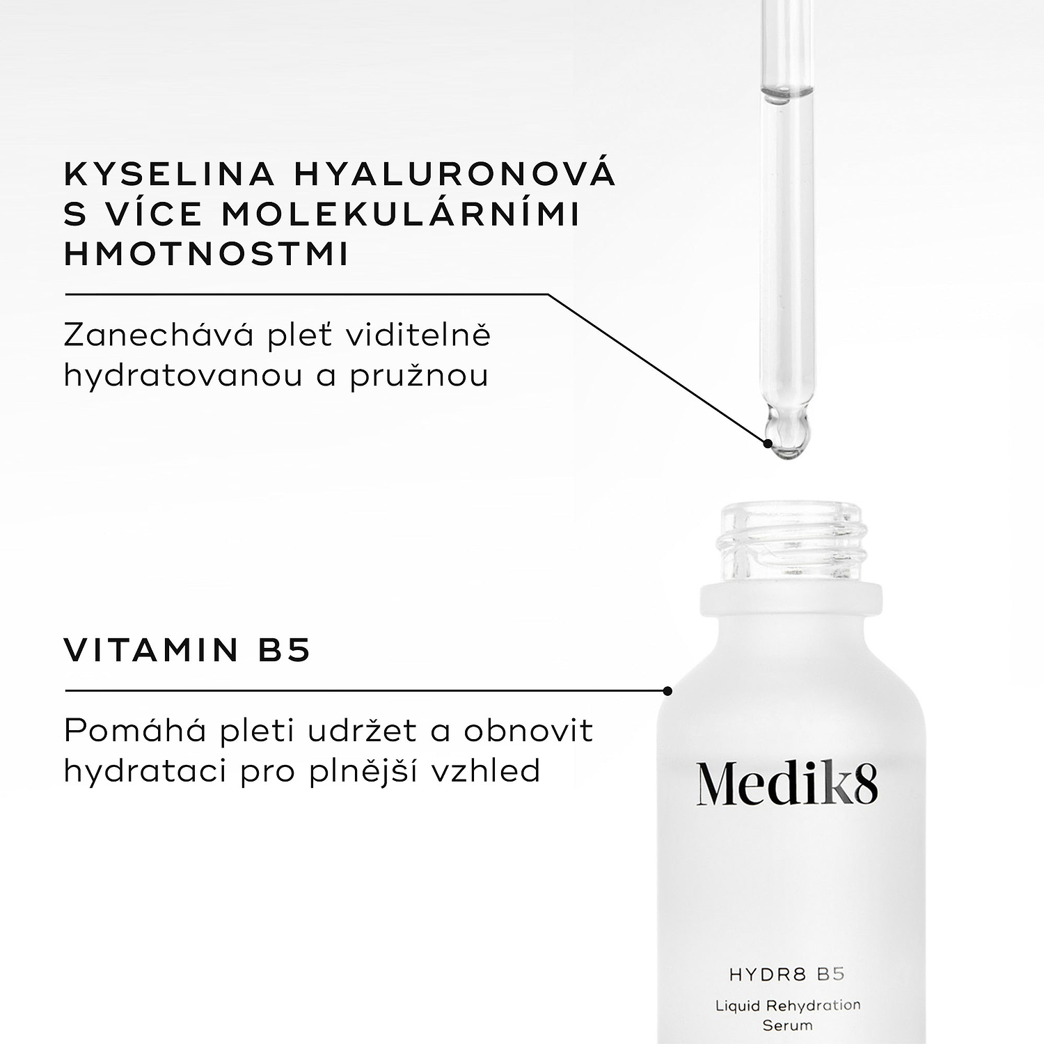 Detailní záběr na lahvičku séra Medik8 Hydr8 B5 a kapátko s čirou tekutinou.

Text zvýrazňuje klíčové složky:

Vícehmotnostní kyselina hyaluronová – zanechává pleť viditelně hydratovanou a pružnou
Vitamín B5 – pomáhá pokožce udržet a regenerovat vlhkost pro plnější vzhled pleti
