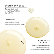 Tři kapky oleje zobrazují klíčové složky. Text zvýrazňuje:
Safflower Oil (světlicový olej) pro výživu
Omega-6 pro rovnováhu lipidů
Moringa extrakt pro odstraňování nečistot a znečištění