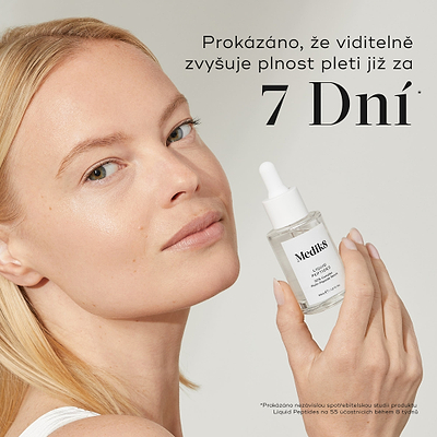 Žena drží lahvičku séra Liquid Peptides.
Text vpravo uvádí:
„Prokázáno, že viditelně zvyšuje plnost pleti již za 7 dní.“*
*Poznámka pod čarou uvádí, že tvrzení vychází z výsledků nezávislé spotřebitelské studie.