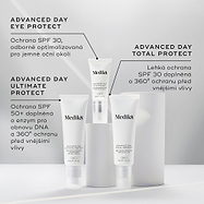 Produkty Advanced Day Protection jsou zobrazeny spolu se svými popisy. Advanced Day Eye Protect (SPF 30) je zvýrazněn pro oblast očního okolí, Advanced Day Ultimate Protect (SPF 50+) obsahuje opravu DNA a ochranu proti environmentálním vlivům a Advanced Day Total Protect (lehké SPF 30) poskytuje 360° ochranu proti vlivům prostředí.