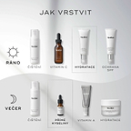 Diagram „JAK VRSTVIT“ pro rutinu péče o pleť.
Ranní rutina (AM) zahrnuje:
Čištění (Clarifying Foam)
Vitamin C (C-Tetra)
Hydratace (Balance Moisturiser)
Ochrana proti slunci (Advanced Day Total Protect)
Večerní rutina (PM) zahrnuje:
Čištění (Clarifying Foam)
Přímé kyseliny / exfoliace (Glycolic Acid Activator)
Vitamin A (Crystal Retinal)
Hydratace (Advanced Night Restore)