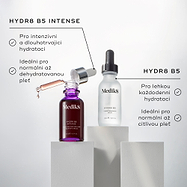 Lahvičky Medik8 Hydr8 B5 Intense a Hydr8 B5 stojí na bílých podstavcích na čistém, světlém pozadí.
Text uvádí benefity:
HYDR8 B5 INTENSE
Pro zesílenou, dlouhotrvající hydrataci
Ideální pro normální až dehydratovanou pleť
HYDR8 B5
Pro lehkou každodenní hydrataci
Ideální pro normální až citlivou pleť