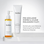 Lahvička Lipid-Balance Cleansing Oil stojí vedle tuby Surface Radiance Cleanse. Text doporučuje kombinaci obou produktů pro důkladné čištění pleti, následované cílenými rozjasňujícími účinky.