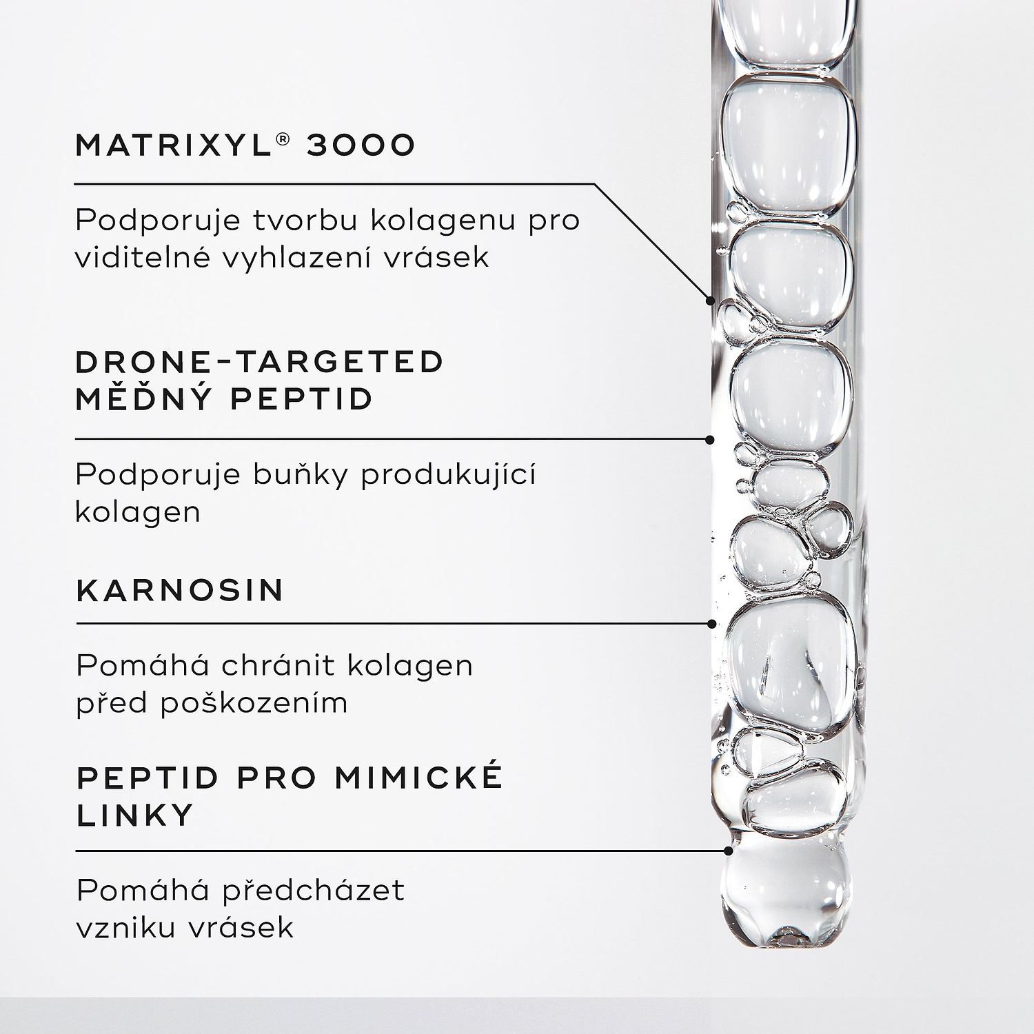 Detailní záběr séra Liquid Peptides v kapátku.
Textové popisky zvýrazňují klíčové složky:
MATRIXYL® 3000
Mědí cílený peptid (Drone-Targeted Copper Peptide)
Karnosin (Carnosine)
Peptid proti mimickým vráskám (Expression Line Peptide)