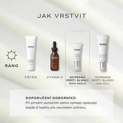 Čtyři produkty Medik8 jsou uspořádány pro ranní (AM) rutinu péče o pleť na světle šedém pozadí. Kroky zahrnují Surface Radiance Cleanse, C-Tetra Luxe (vitamín C), Advanced Day Eye Protect (ochrana SPF pro oční okolí) a Advanced Day Total Protect (opalovací krém pro obličej).
Odborné doporučení: doporučuje se opakovaná aplikace každé 2 hodiny při přímém slunečním záření.