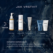 Schéma „Jak vrstvit“ znázorňuje večerní rutinu péče o pleť. Zahrnuje čištění (Medik8 Lipid-Balance Cleansing Oil), tonizaci (Medik8 Press & Glow), vitamín A (Medik8 Crystal Retinal) a masku (Medik8 H.E.O. Mask Step 1 a Step 2). Odborníci doporučují nanášet Hydr8 B5 Intense mezi jednotlivými aplikacemi masky H.E.O. Mask, aby se viditelné výsledky ještě umocnily.
