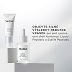 Průhledná skleněná lahvička séra Liquid Peptides a tuba Eyelift Peptides jsou zobrazeny vedle sebe.
Text uvádí:
„Objevte silné výsledky redukce vrásek“ pro obličej i jemnou oční oblast díky kombinaci Liquid Peptides a Eyelift Peptides.
