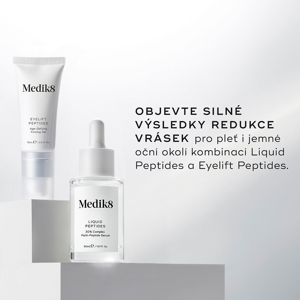 Průhledná skleněná lahvička séra Liquid Peptides a tuba Eyelift Peptides jsou zobrazeny vedle sebe.
Text uvádí:
„Objevte silné výsledky redukce vrásek“ pro obličej i jemnou oční oblast díky kombinaci Liquid Peptides a Eyelift Peptides.