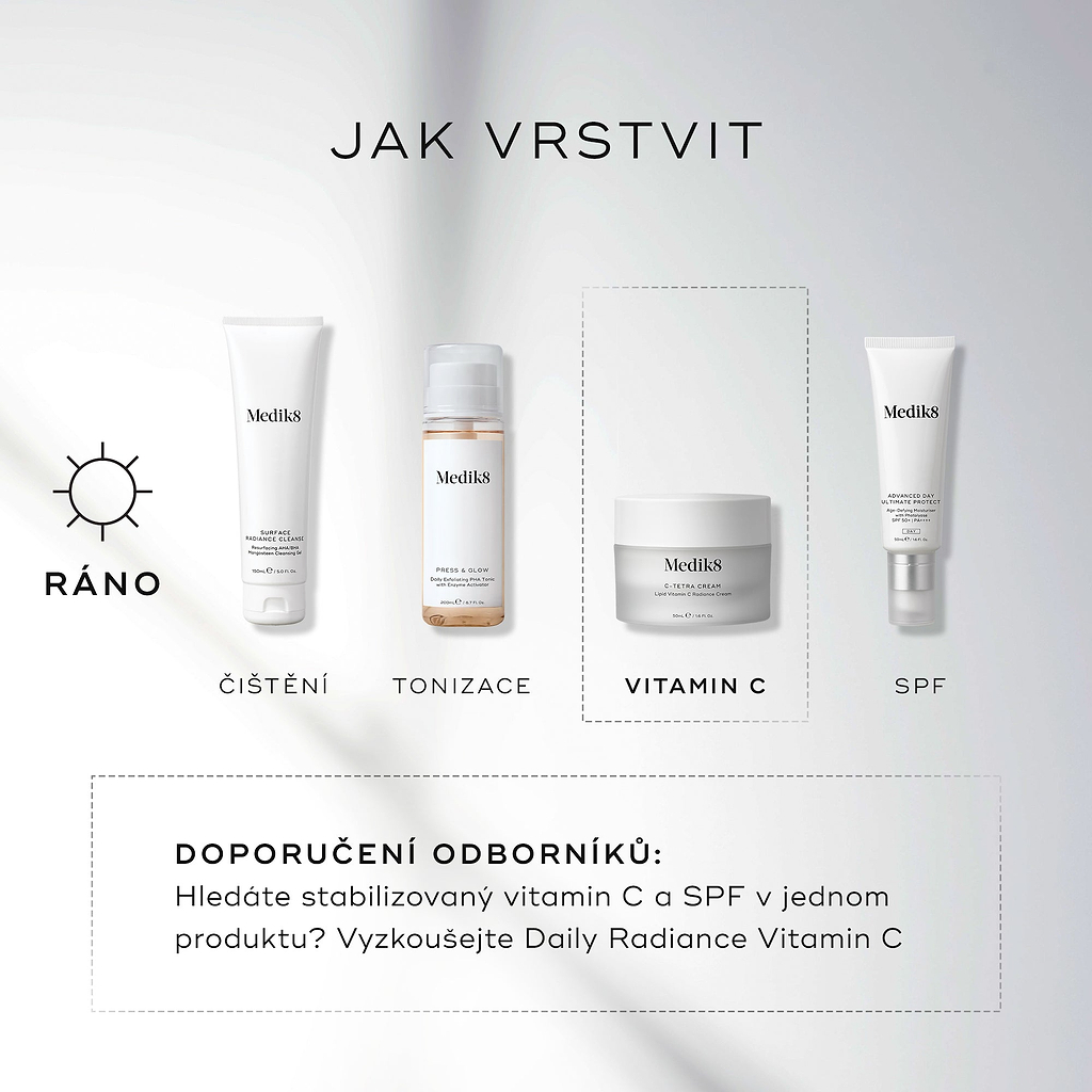 Průvodce vrstvením Medik8 s názvem JAK VRSTVIT na čistém bílém pozadí s jemnými světelnými paprsky. Ikona slunce AM označuje čtyřkrokovou ranní rutinu, přičemž třetí krok je zvýrazněn v přerušovaném rámečku:

ČIŠTĚNÍ: tubu Medik8 Surface Radiance Cleanse.

TONIZACE: lahvičku Medik8 Press & Glow.

VITAMÍN C: dózu Medik8 C-Tetra Cream.

OPALOVÁNÍ: tubu Medik8 Advanced Day Ultimate Protect. Přerušovaný rámeček dole obsahuje ODBORNÉ DOPORUČENÍ, které navrhuje Daily Radiance Vitamin C pro ty, kteří chtějí stabil