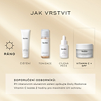„JAK VRSTVIT“ (AM průvodce) ukazuje Medik8 Daily Radiance Vitamin C jako závěrečný krok „Vitamin C + SPF“.
Ranní rutina začíná:
Surface Radiance Cleanse (čištění)
Press & Glow (tónování)
Liquid Peptides (cílená péče)
Daily Radiance Vitamin C (vitamín C + SPF) jako finální krok
Odborné doporučení: při silném slunečním záření se doporučuje opakovat aplikaci každé 2 hodiny pro maximální UV ochranu.