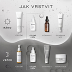 „Jak vrstvit“
Ranní (AM) rutina zahrnuje:
Čištění (Surface Radiance Cleanse), Cílená péče (Liquid Peptides), Vitamin C (C-Tetra) a Ochrana před sluncem (Advanced Day Total Protect).
Večerní (PM) rutina zahrnuje:
Čištění (Lipid-Balance Cleansing Oil), Cílená péče (Liquid Peptides), Vitamin A (Crystal Retinal) a Hydratace (Advanced Night Restore).