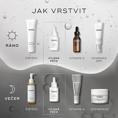 „Jak vrstvit“
Ranní (AM) rutina zahrnuje:
Čištění (Surface Radiance Cleanse), Cílená péče (Liquid Peptides), Vitamin C (C-Tetra) a Ochrana před sluncem (Advanced Day Total Protect).
Večerní (PM) rutina zahrnuje:
Čištění (Lipid-Balance Cleansing Oil), Cílená péče (Liquid Peptides), Vitamin A (Crystal Retinal) a Hydratace (Advanced Night Restore).