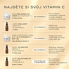 Srovnávací tabulka s názvem „NAJDĚTE SVŮJ VITAMÍN C“ obsahuje pět různých produktů. Daily Radiance Vitamin C je uveden jako 2v1 hydratační krém s vitamínem C a SPF 30, který obsahuje 7 % vitamínu C a je popsán jako produkt, který pomáhá zvyšovat rozjasnění pleti a zároveň chrání pleť SPF 30.