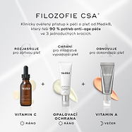Grafika s názvem „FILOSOFIE CSA“ popisuje tříkrokový anti-aging přístup péče o pleť.
Zobrazuje:
ROZJASŇUJE (BRIGHTENS) pomocí séra s vitamínem C (ráno / AM)
CHRÁNÍ (PROTECTS) pomocí opalovacího krému (ráno / AM)
OBNOVUJE (RENEWS) pomocí produktu s vitamínem A (večer / PM)