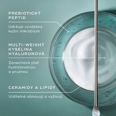 Infografika s názvem „CO JE UVNITŘ?“ na modrozeleném pozadí, znázorňující pohled shora na skleněnou misku s vířící směsí bílého krému a čiré tekutiny, v níž leží kovová stěrka. Text poukazuje na klíčové složky: PREBIOTICKÝ PEPTID (udržuje vyvážený mikrobiom pokožky), HYALURONOVÁ KYSELINA S RŮZNOU MOLEKULOVOU HMOTNOSTÍ (zanechává pokožku hydratovanou a pružnou) a CERAMIDY A LIPIDY (viditelně obnovují a vyživují).