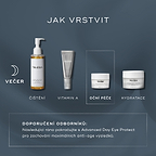 Tabulka „Jak vrstvit“ zobrazuje večerní rutinu péče o pleť (PM). Produkt Advanced Night Eye je zařazen jako krok „Oční péče“, který následuje po čištění a aplikaci vitamínu A a předchází použití hydratačního krému.