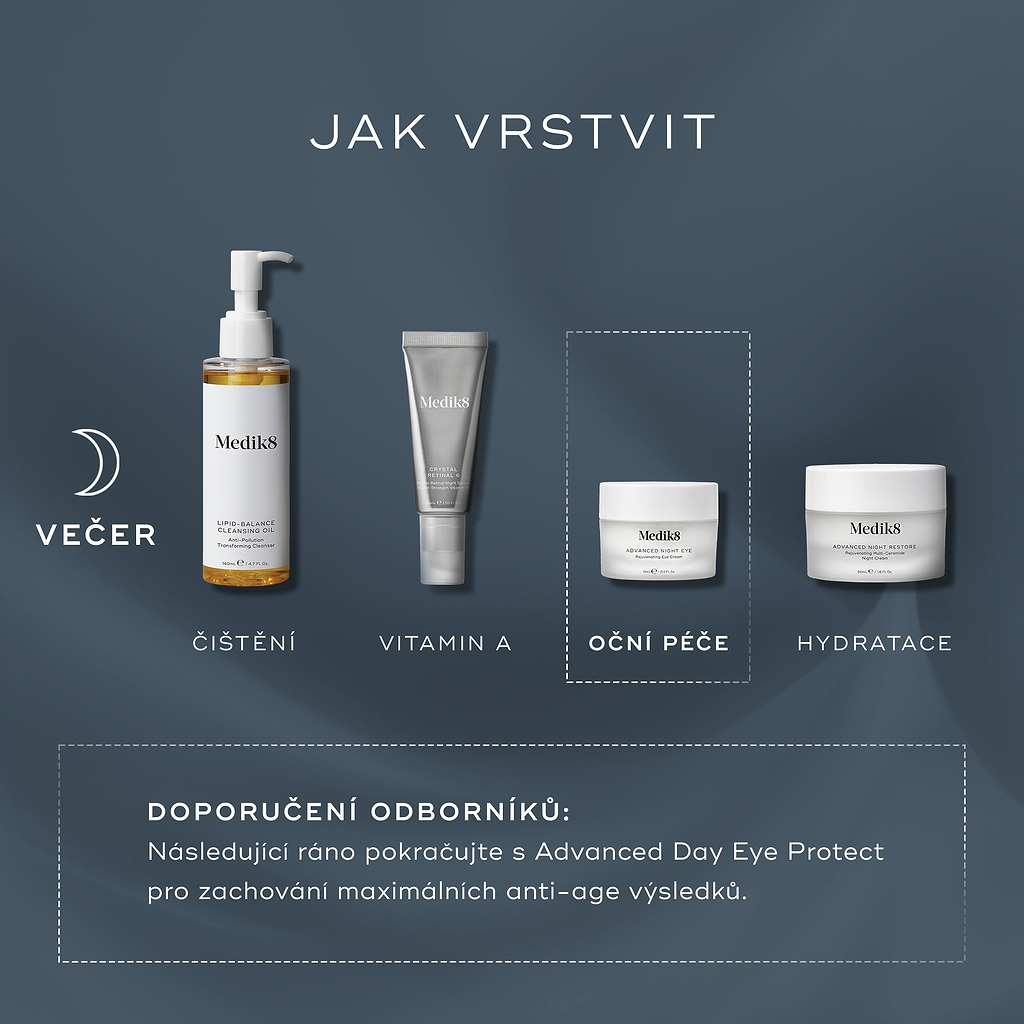 Tabulka „Jak vrstvit“ zobrazuje večerní rutinu péče o pleť (PM). Produkt Advanced Night Eye je zařazen jako krok „Oční péče“, který následuje po čištění a aplikaci vitamínu A a předchází použití hydratačního krému.