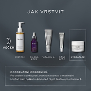 Infografika s názvem „JAK VRSTVIT“ přehledně ukazuje večerní (PM) rutinu péče o pleť na tmavém pozadí.

Zobrazuje produkty Medik8 pro čištění, cílení péče, vitamin A, oční péči a hydrataci s Advanced Night Restore, včetně odborného doporučení k pořadí aplikace.