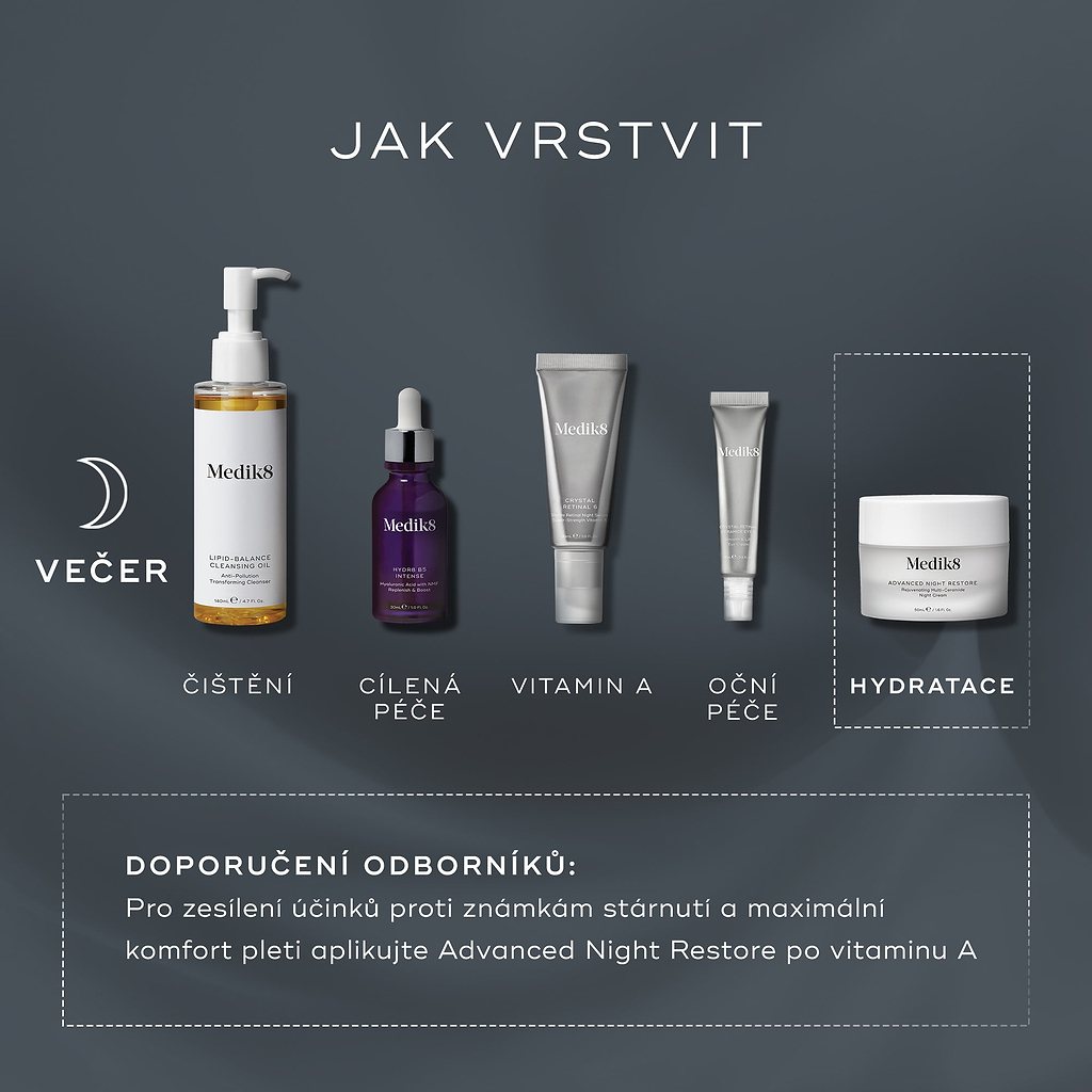 Infografika s názvem „JAK VRSTVIT“ přehledně ukazuje večerní (PM) rutinu péče o pleť na tmavém pozadí.

Zobrazuje produkty Medik8 pro čištění, cílení péče, vitamin A, oční péči a hydrataci s Advanced Night Restore, včetně odborného doporučení k pořadí aplikace.