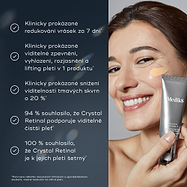 Žena se usmívá při aplikaci Crystal Retinal na tvář a vedle ní je stříbrná tuba Medik8 Crystal Retinal 6.
Pět odrážek s fajfkami uvádí benefity produktu:
Klinicky prokázaná redukce vrásek za 7 dní
Klinicky prokázáno viditelné zpevnění, vyhlazení, rozjasnění a vypnutí pleti během 1 balení
Klinicky prokázané snížení viditelných tmavých skvrn o 20 %
94 % souhlasilo, že Crystal Retinal podporuje viditelně čistší pleť
100 % souhlasilo, že Crystal Retinal je šetrný k jejich pleti