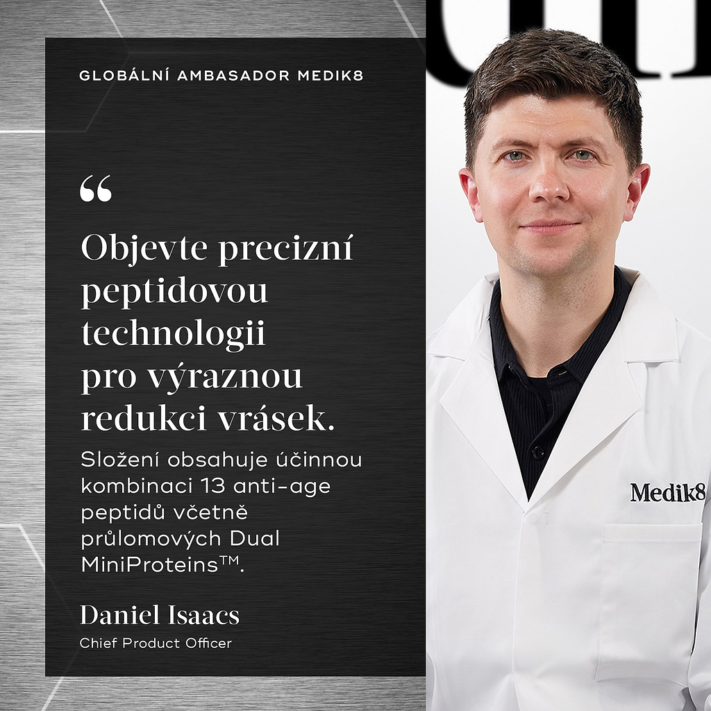 Daniel Isaacs, Chief Product Officer at Medik8, is shown with a quote stating:

“Discover precision peptide technology for dramatic wrinkle reduction. Formulated with a potent blend of 13 age-defying peptides including breakthrough Dual MiniProteins™.”